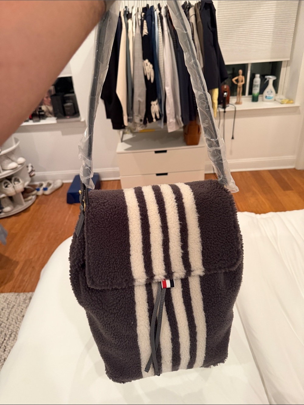 Thom Browne Dark Brown Sherpa Backpack with Cream Stripe